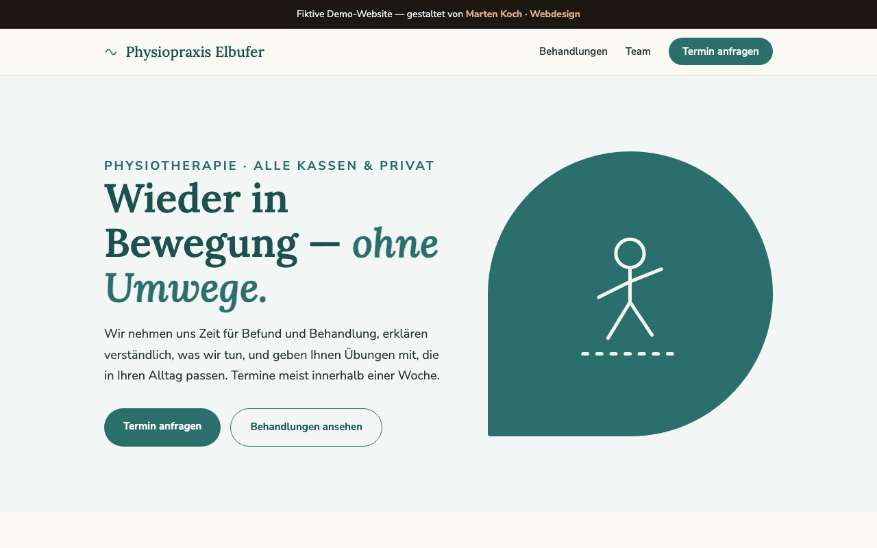 Screenshot der Website Physiopraxis Elbufer